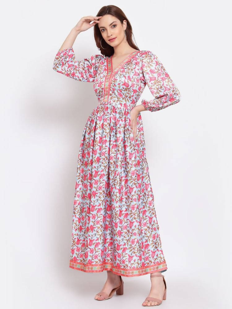 Myshka Women's Multi Printed Cotton Blend 3/4 Sleeve V Neck Casual Dress | Grocsy