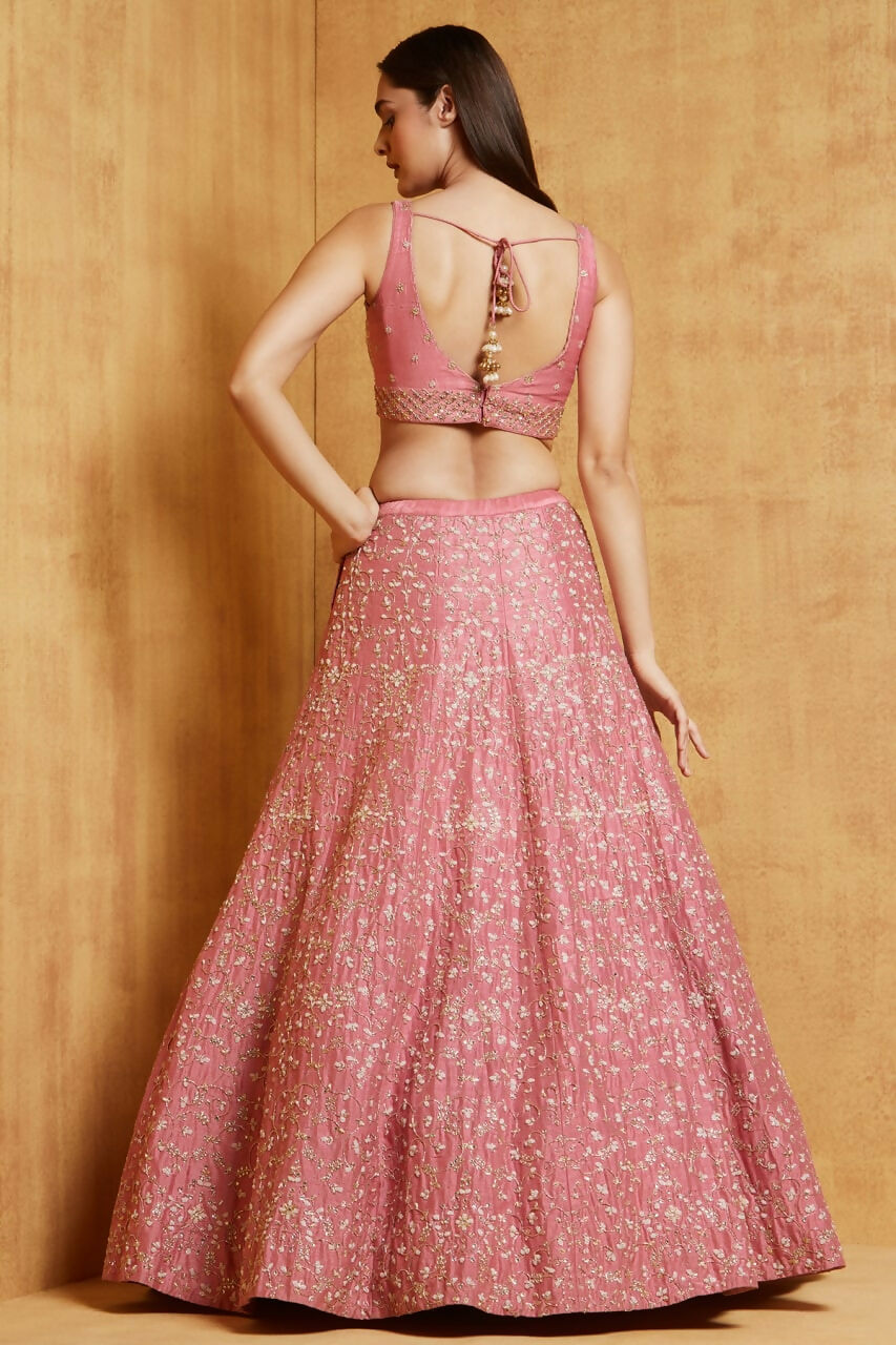 Jyoti Fashion Peach Cording Dori with Zari Thread Sequence Embroidery Malai Satin Silk Lehenga Choli with Dupatta | Grocsy