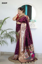 Wine Woven Jacquard Designer Embroidery Work Party Wear Saree - Parampara | Grocsy