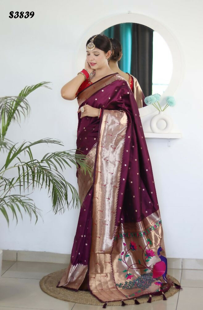 Wine Woven Jacquard Designer Embroidery Work Party Wear Saree - Parampara | Grocsy