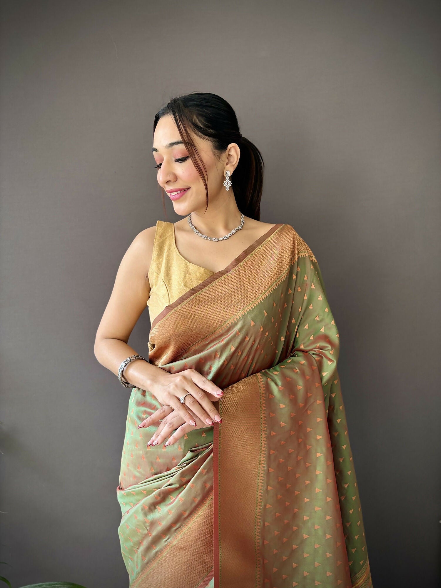 Joban Fashion Olive Green Jacquard Butti Soft Lichi Silk Paithani Saree | Grocsy