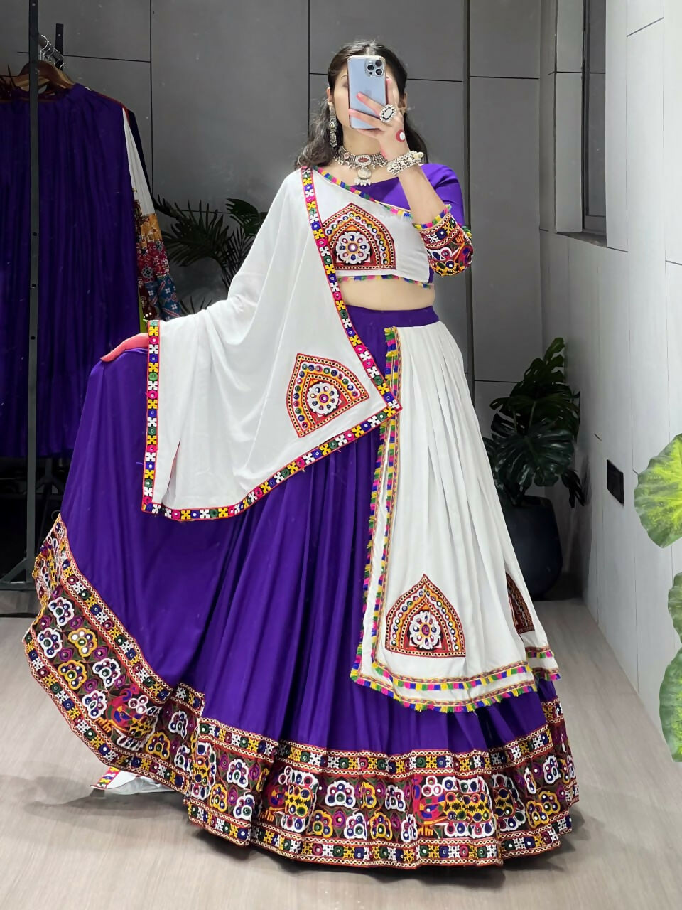 Yash Enterprise Purple White Rayon Cotton Embroidery Semi Stitched Navratri Top Chaniya Choli | Grocsy