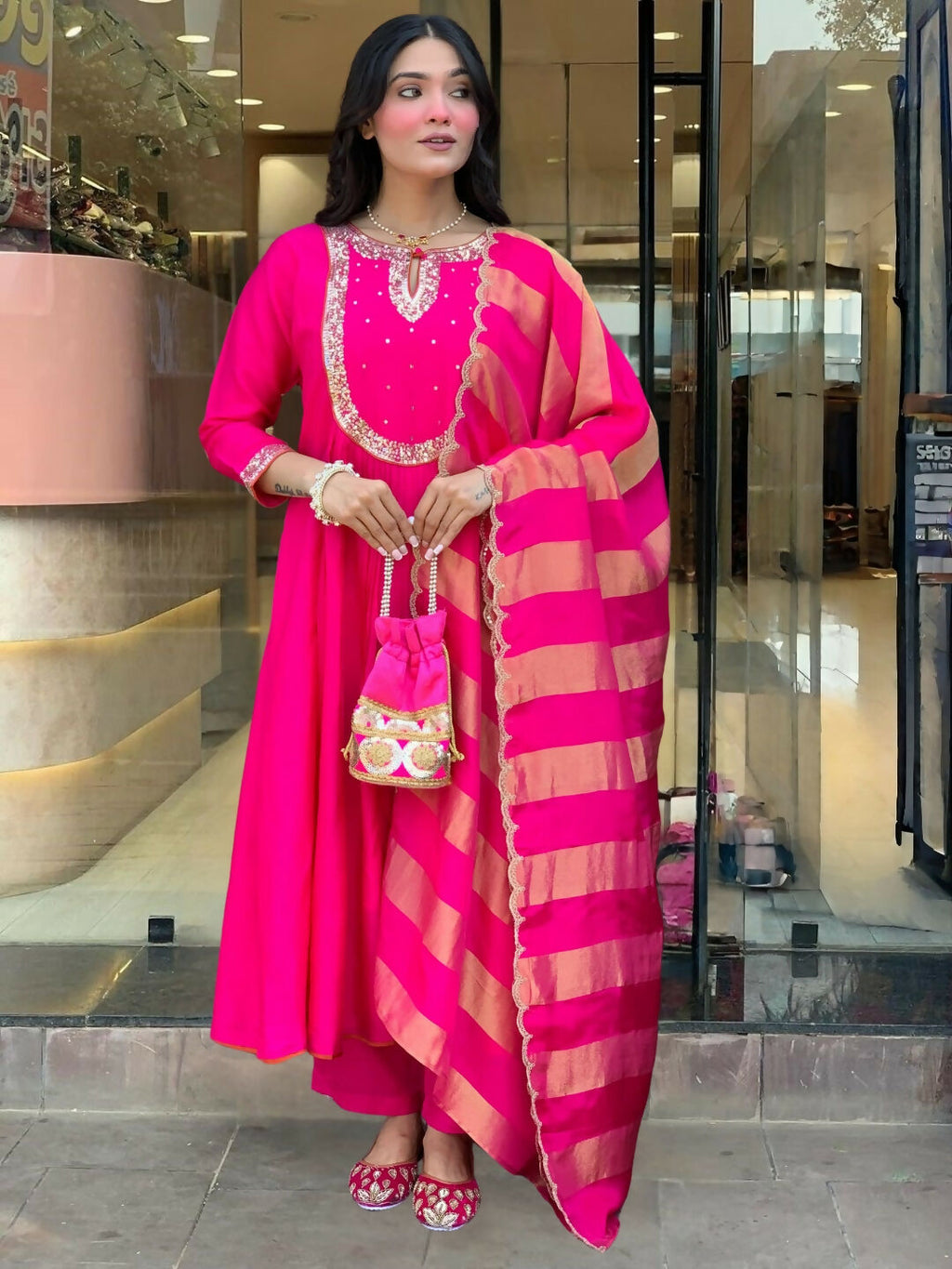 The52 Rani Women's Gorgeous Embroidered Work Chanderi Fabric Flared Kurta Pant and Dupatta Set | Grocsy