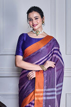 Morchari Purple Cotton Handloom Mirror Work Saree Unstitched Blouse | Grocsy