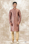 Raivat Ethnic Jacquard Silk Brocade Mirror and Thread Work Kurta Pajama In Onion Pink Colour | Grocsy