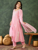 The52 Women's Beautiful Thread Work Cotton satin Fabric Flared Kurta Pant and Dupatta Set | Grocsy