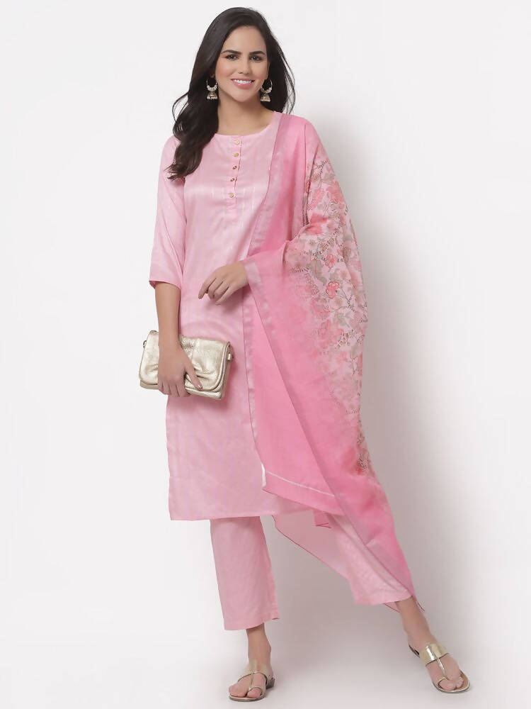 Myshka Women's Cotton 3/4 Sleeve Round Neck Casual Pink Kurta Pant Dupatta Set | Grocsy