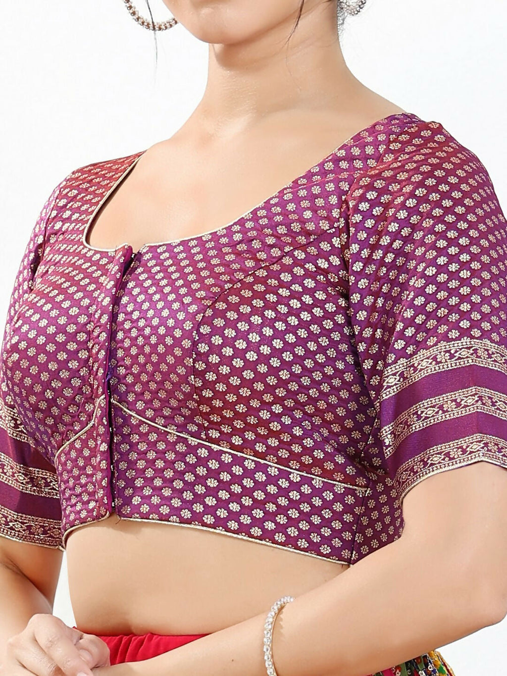 Joban Fashion Purple Brocade Padded Blouse With Round Neck Elbow Sleeves | Grocsy