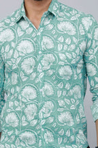 Miravan Men's Cotton Green Floral Printed Slim Fit Shirt | Grocsy