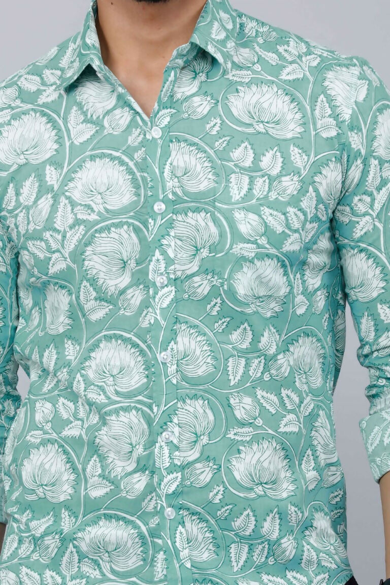 Miravan Men's Cotton Green Floral Printed Slim Fit Shirt | Grocsy