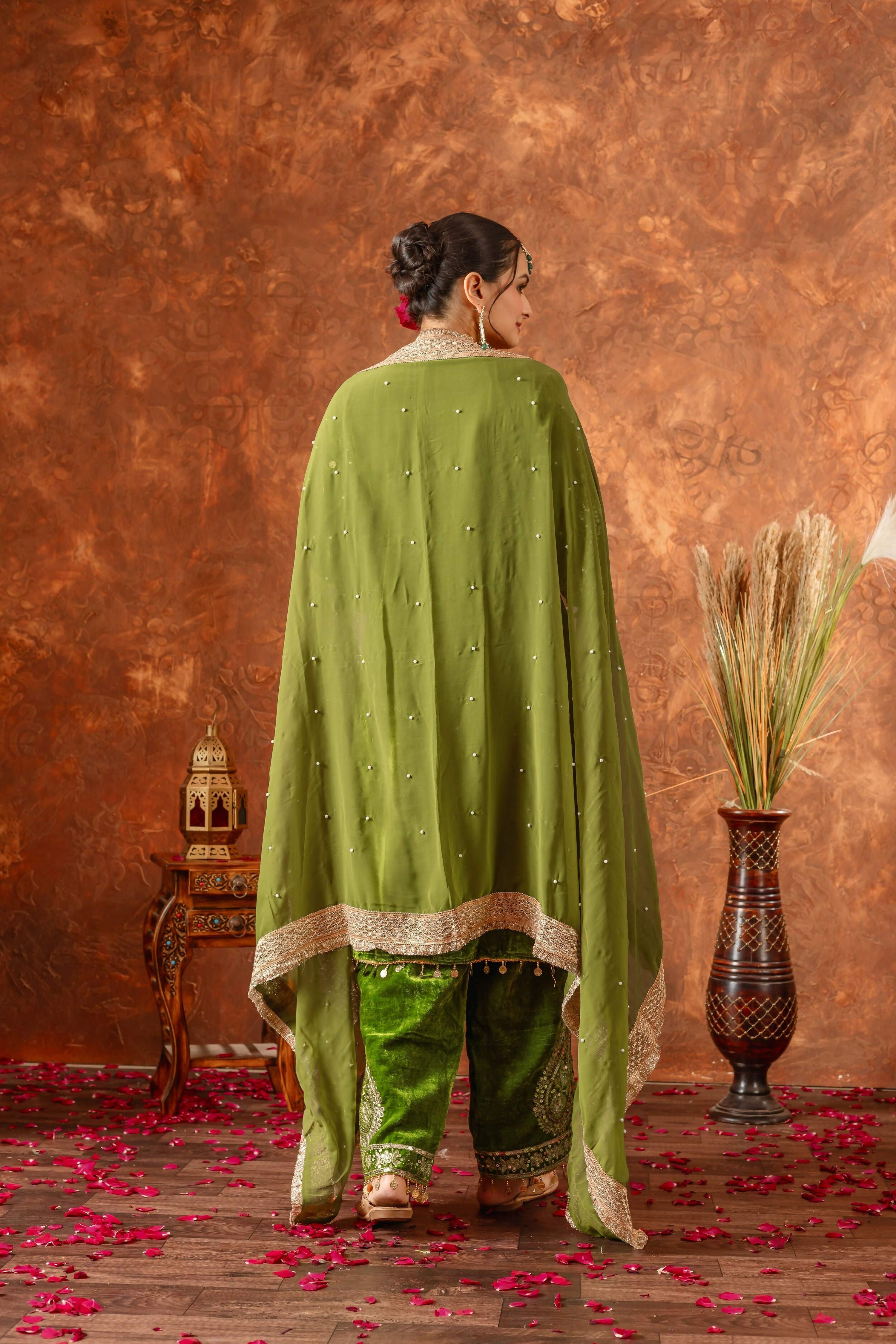 Teeya Creation Green Color Velvet Silk Embroidery Work Party Wear Suit | Grocsy