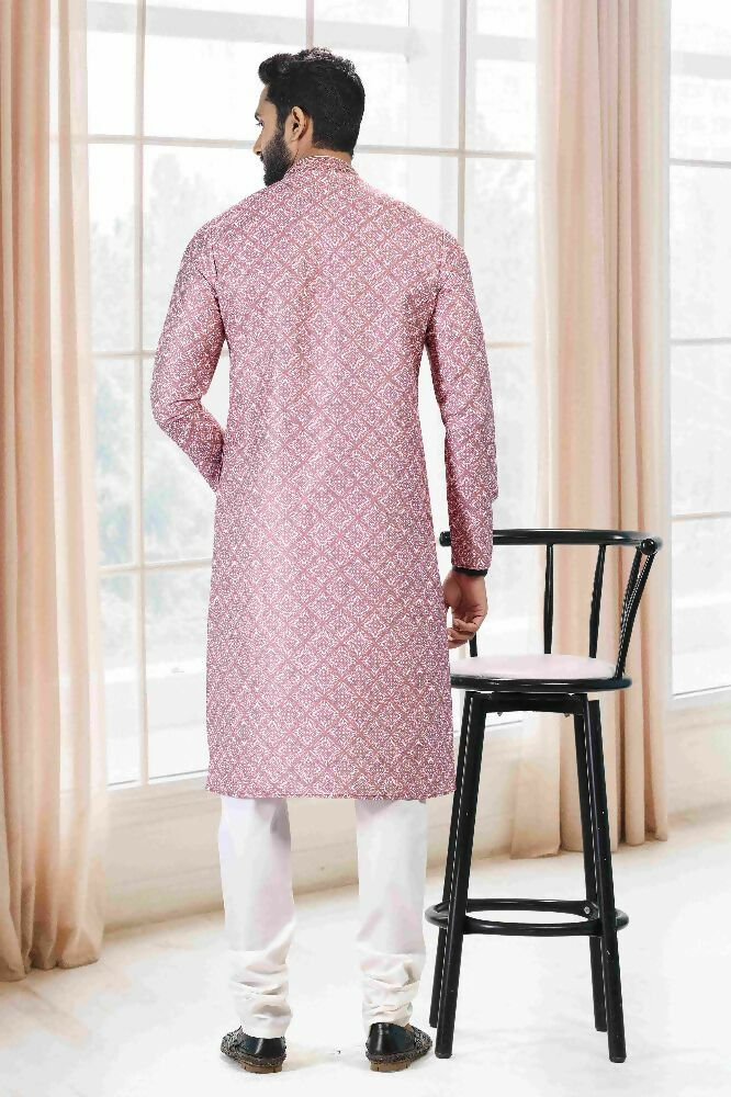 Raivat Ethnic Cotton Thread Work Kurta Pajama In Baby Pink Colour | Grocsy