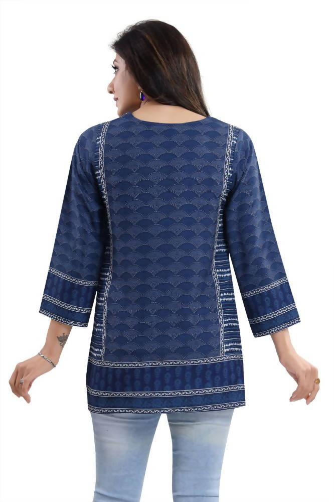 Snehal Creations Indigo Blue Summer Cool Short Kurti Tunic Top | Grocsy