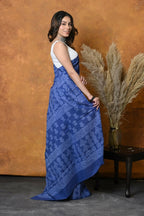 Very Much Indian Handblock Printed Cotton Saree With Natural Dyes - Indigo Blue | Grocsy
