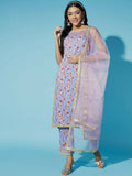 Myshka Women Printed Lavender Kurta & Trousers With Dupatta | Grocsy