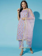 Myshka Women Printed Lavender Kurta & Trousers With Dupatta | Grocsy