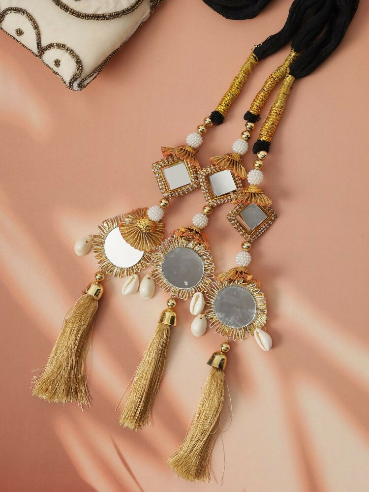 Ruby Raang Gold Gota Pati Work And Threads With Pearls And Black Thread And Mirrors | Grocsy