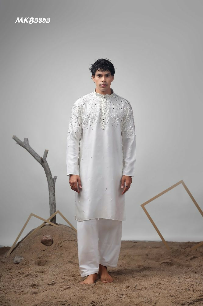White Greek Satin Heavy Embroidery Work Kurta Set - Mahotsav | Grocsy