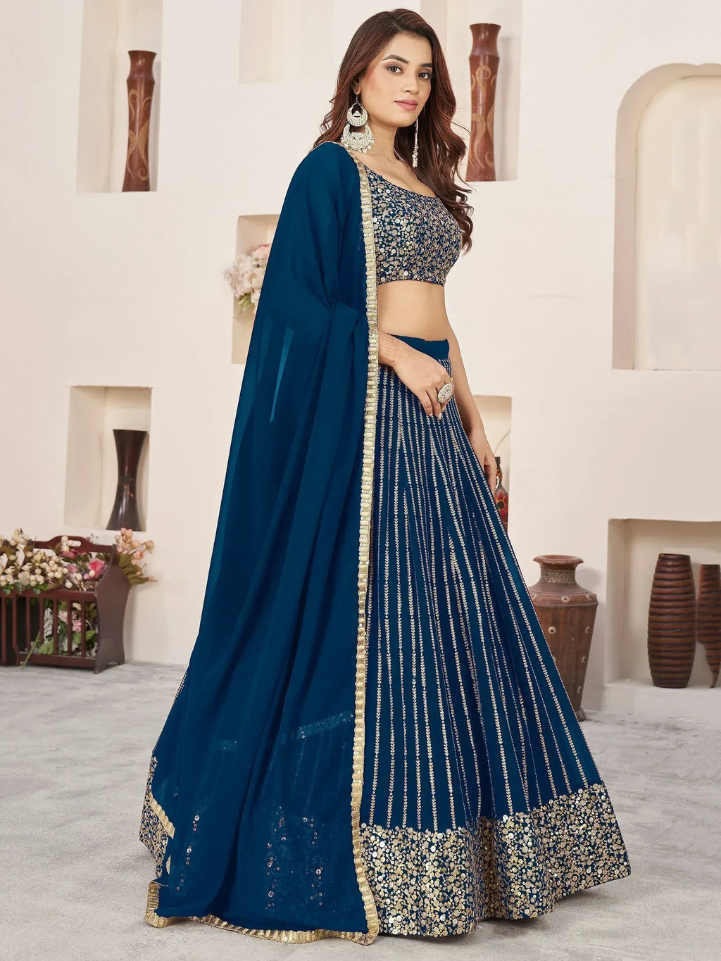 Tulsi Art Amazingâ Blue Sequins Work Georgette Engagement Wear Lehenga Choli | Grocsy