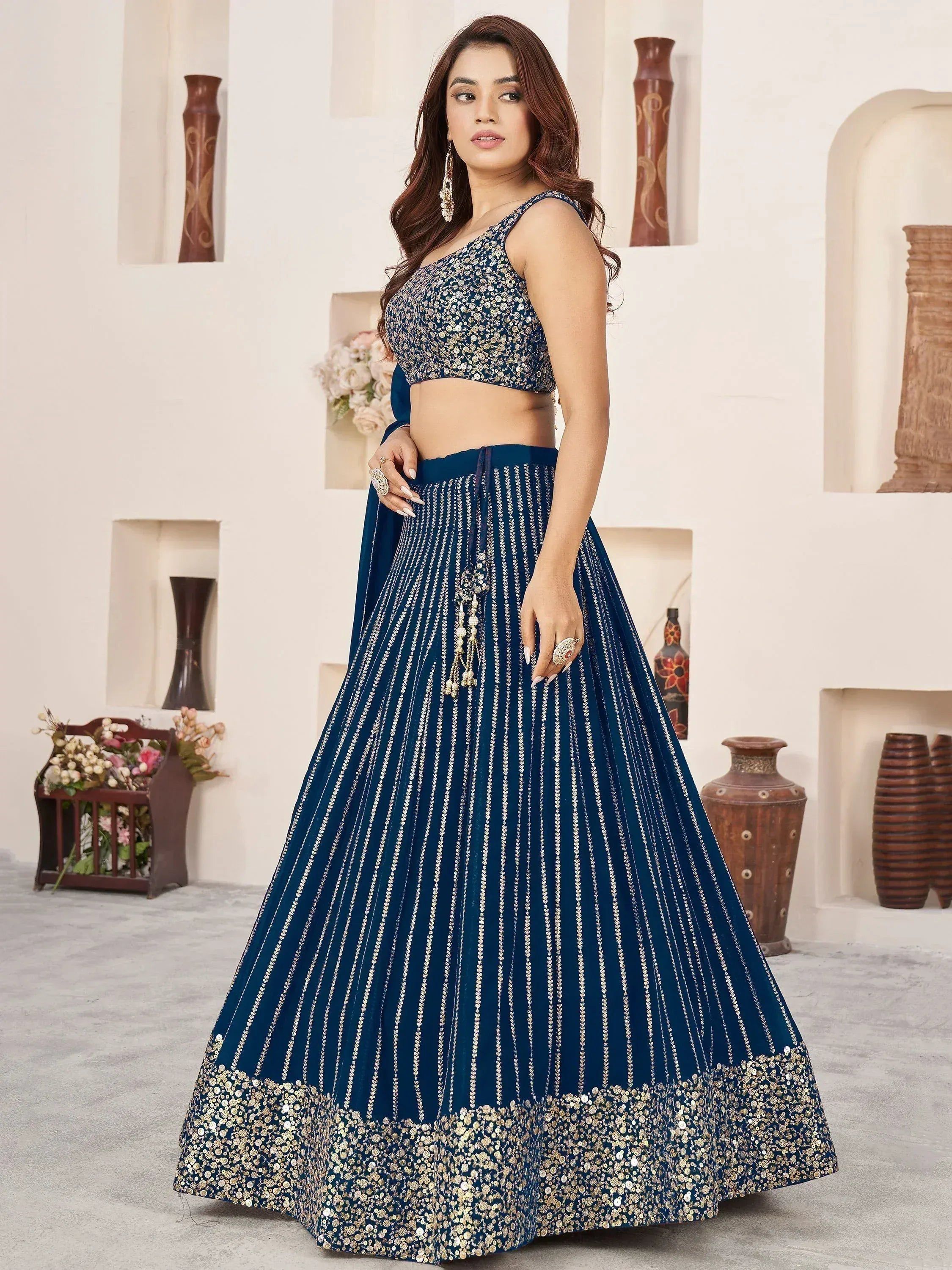Tulsi Art Amazingâ Blue Sequins Work Georgette Engagement Wear Lehenga Choli | Grocsy