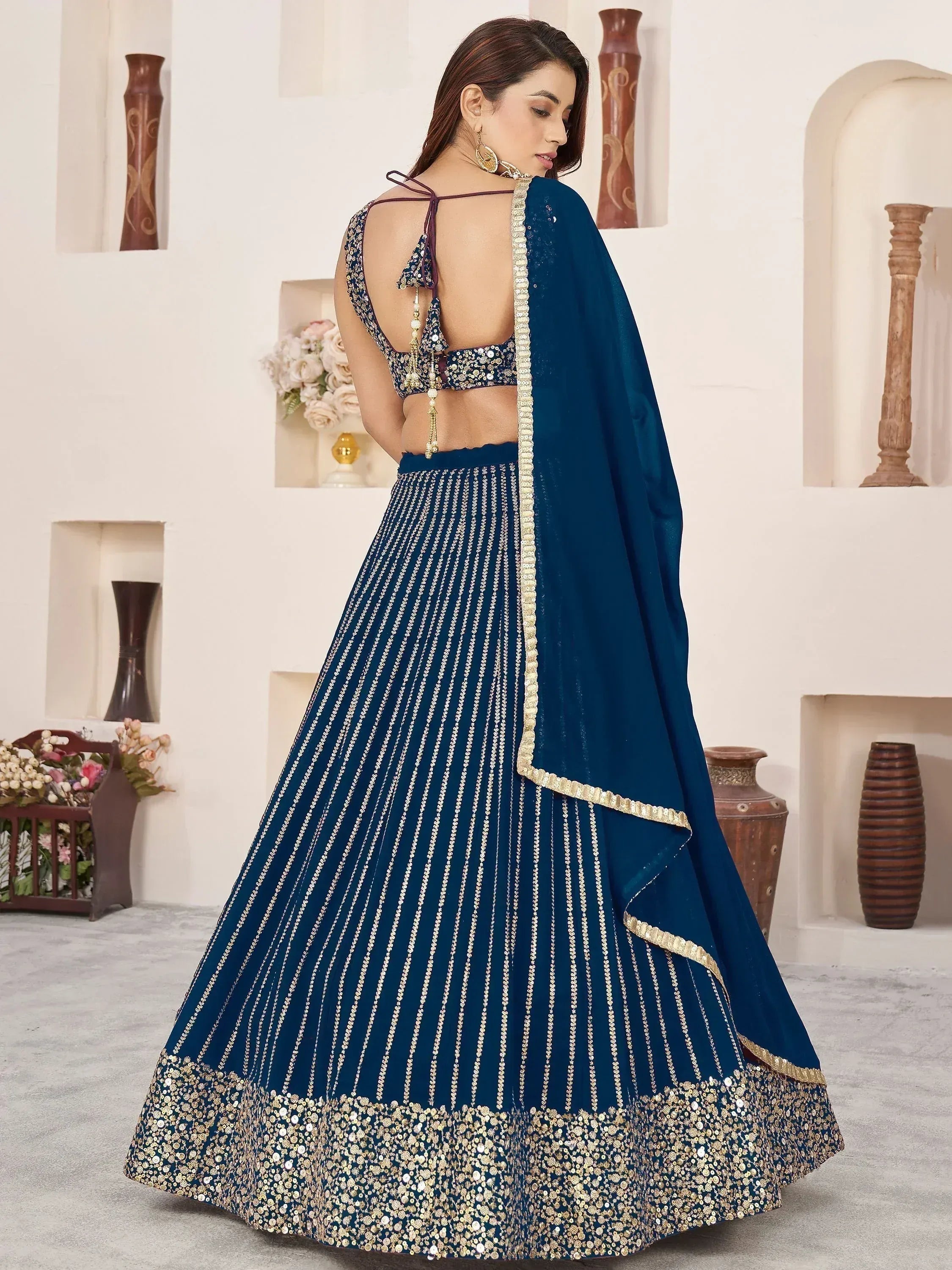 Tulsi Art Amazingâ Blue Sequins Work Georgette Engagement Wear Lehenga Choli | Grocsy