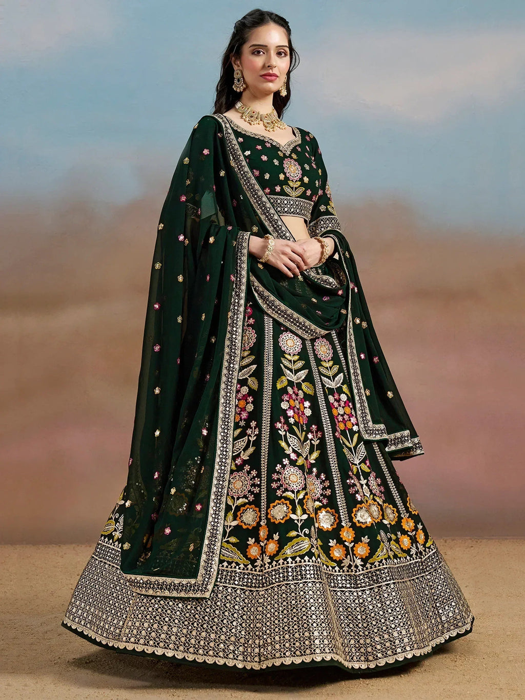 Tulsi Art Amazing Green Sequins Georgette Mehendi Wear Lehenga Choli With Dupatta | Grocsy