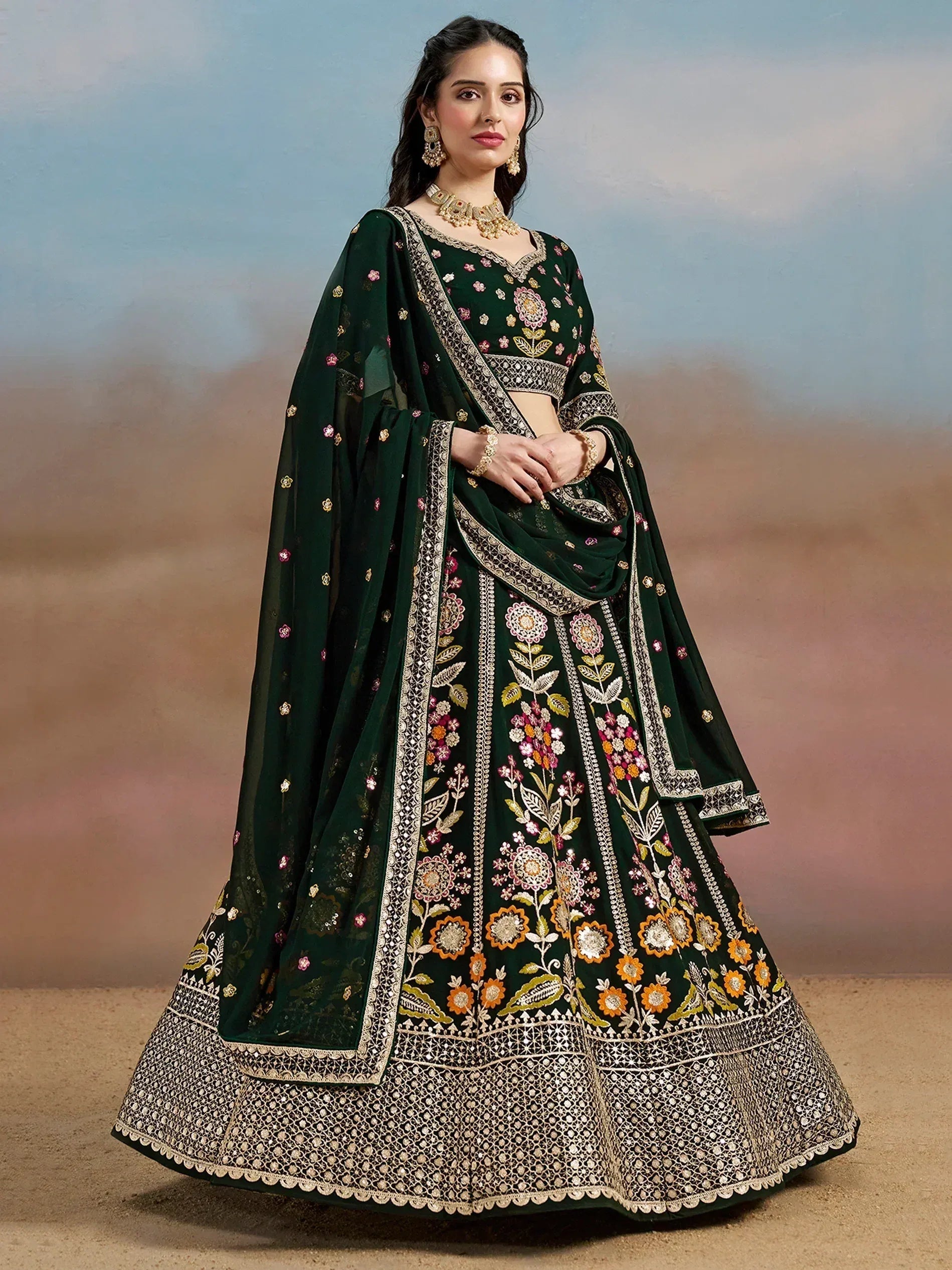 Tulsi Art Amazing Green Sequins Georgette Mehendi Wear Lehenga Choli With Dupatta | Grocsy
