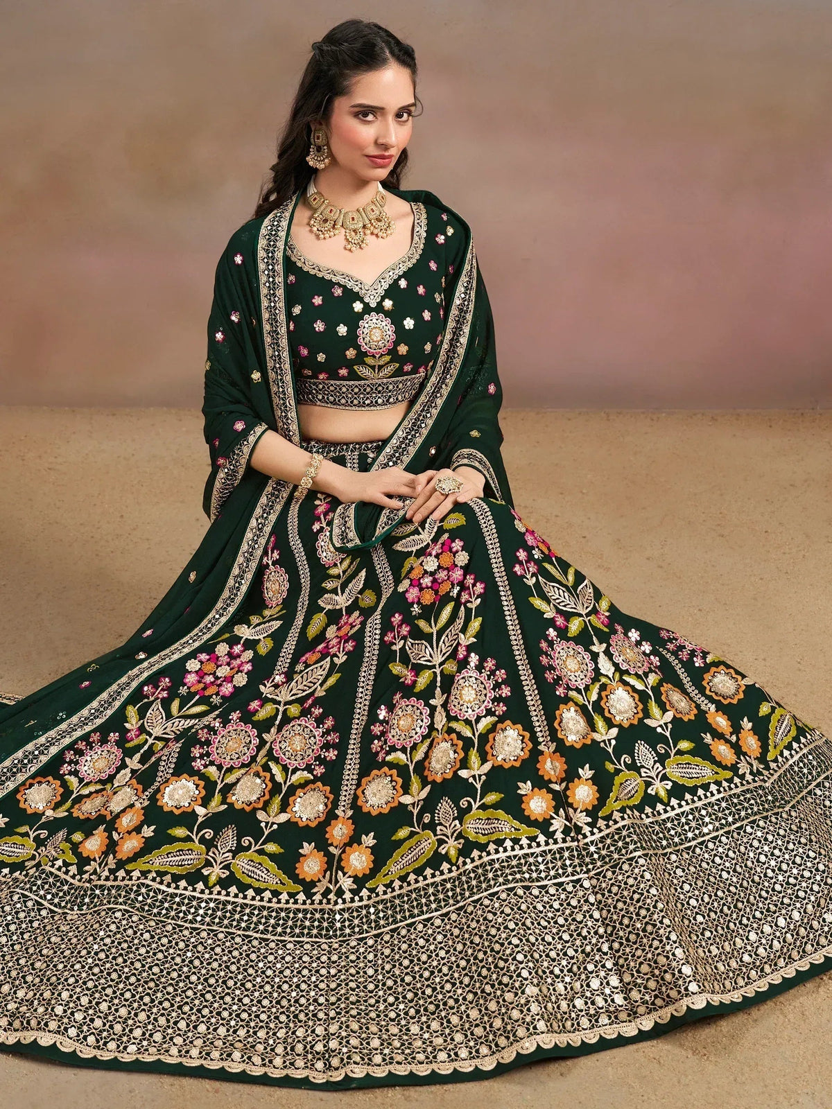 Tulsi Art Amazing Green Sequins Georgette Mehendi Wear Lehenga Choli With Dupatta | Grocsy