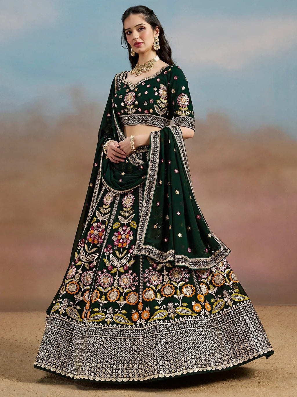Tulsi Art Amazing Green Sequins Georgette Mehendi Wear Lehenga Choli With Dupatta | Grocsy