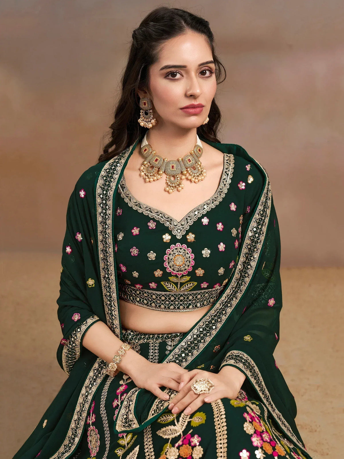Tulsi Art Amazing Green Sequins Georgette Mehendi Wear Lehenga Choli With Dupatta | Grocsy