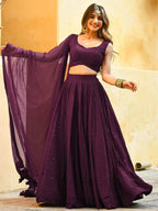 Tulsi Art Amazing Wine Sequins Georgette Wedding Lehenga Choli With Dupatta | Grocsy