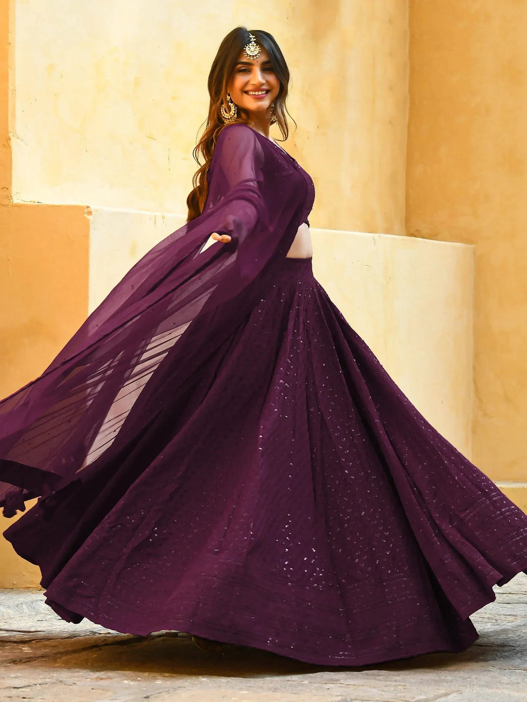 Tulsi Art Amazing Wine Sequins Georgette Wedding Lehenga Choli With Dupatta | Grocsy