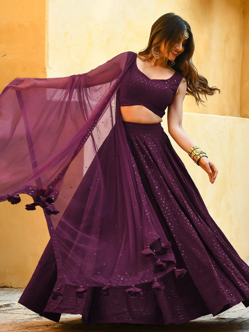 Tulsi Art Amazing Wine Sequins Georgette Wedding Lehenga Choli With Dupatta | Grocsy