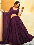 Tulsi Art Amazing Wine Sequins Georgette Wedding Lehenga Choli With Dupatta | Grocsy