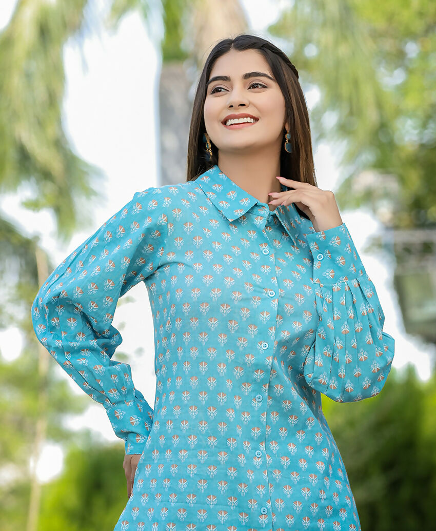 Kaajh Women's Sky Blue Printed Cotton Kurta Pant Set | Grocsy