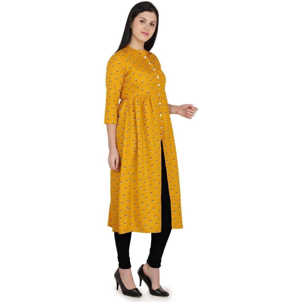 Kanoor Women's Yellow A Line Round Neck Kurti | Grocsy