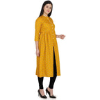 Kanoor Women's Yellow A Line Round Neck Kurti | Grocsy