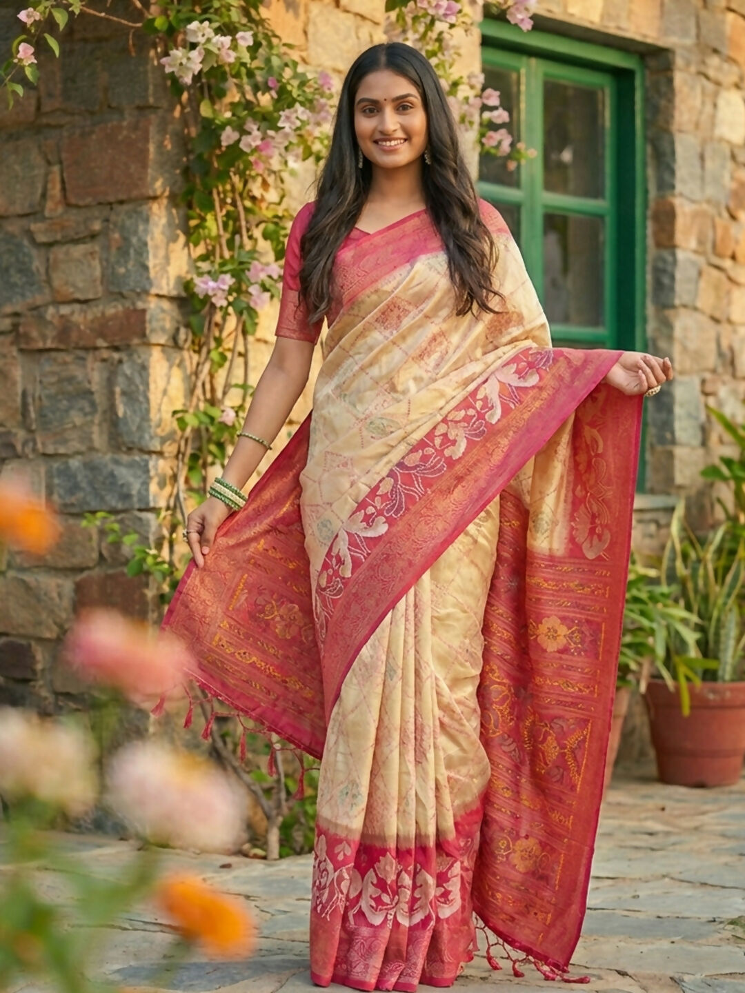 Shree Shyam Fashion Cream Pochampally Silk Saree | Grocsy
