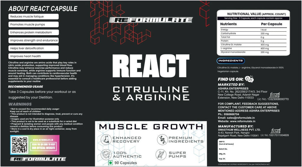 Reformulate React Capsules I Citrulline & Arginine I Muscle Growth I Enhanced Recovery I Super Pumps