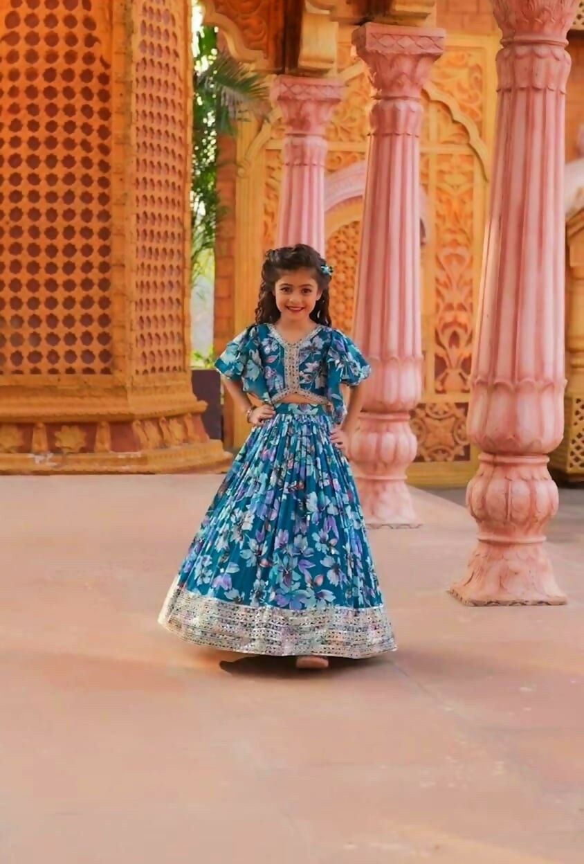 Jyoti Fashion Beautiful Blue Faux Georgette Digital Printed with Sequins Embroidered Kids Lehenga Choli Set | Grocsy