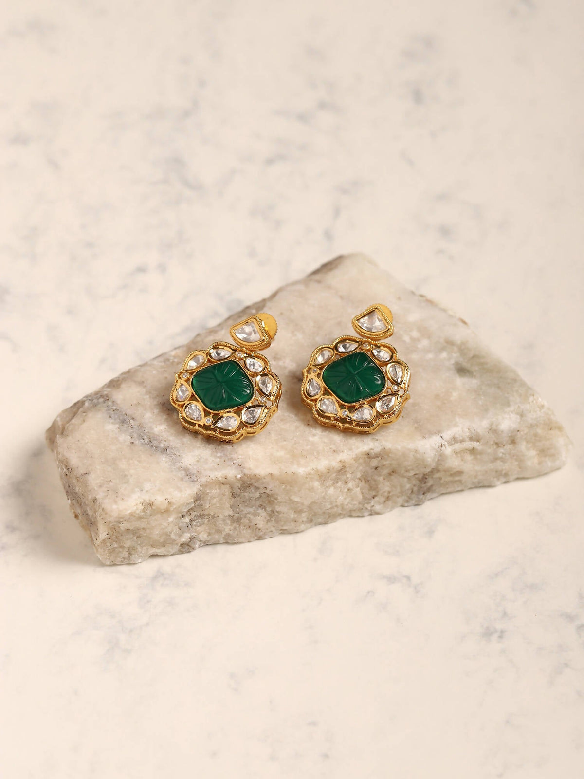 Green Gold-Polished Kundan Studs Earrings - Ruby Raang | Grocsy
