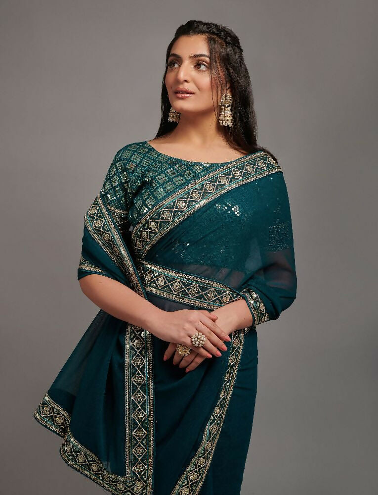 PR Fashion Petrol Zometo Embroidery Lace Saree | Grocsy