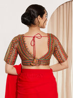 Joban Fashion Red Multi Brocade Padded Blouse With V Neck Elbow Sleeves | Grocsy