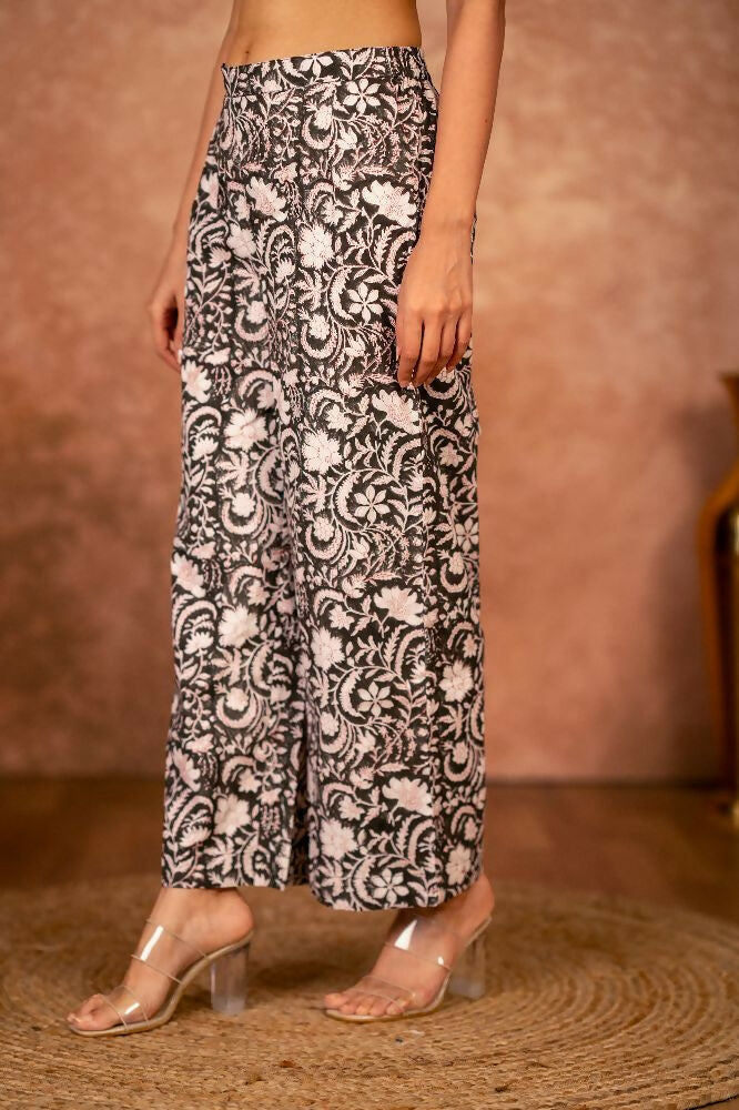 Joban Fashion Black Floral Hand Block Printed Cotton Kurta Pant Set | Grocsy