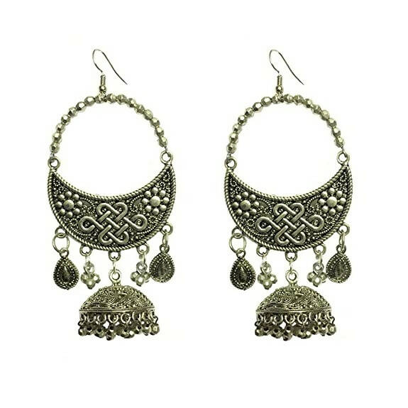 Tiaraa Silver Alloy Oxidised Jhumki Dangle Earrings For Women - Swadesiicart