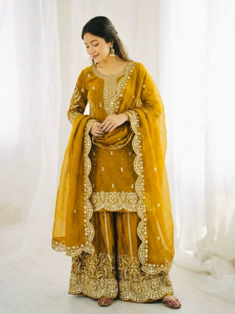 Teeya Creation Yellow Color Fendy Silk Embroidery Work Wedding Wear Salwar Suit | Grocsy