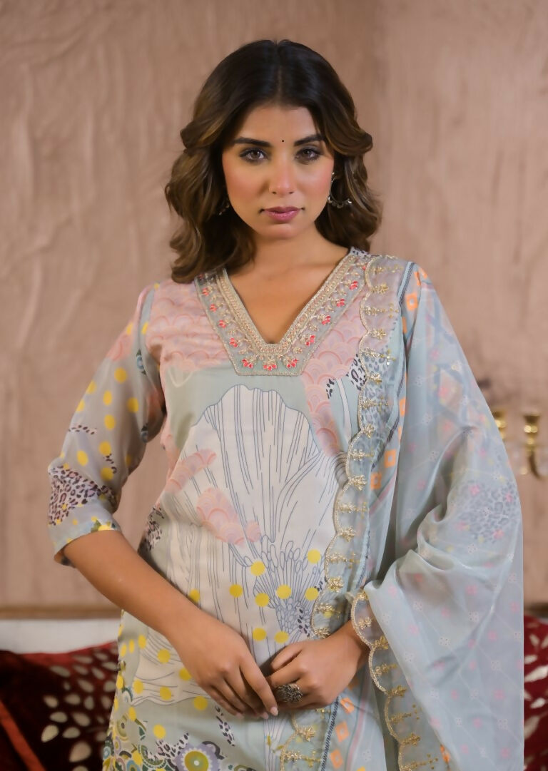 Ethnic Festive Wear Organza Pista Stitched Suit With Dupatta - Tanisha | Grocsy