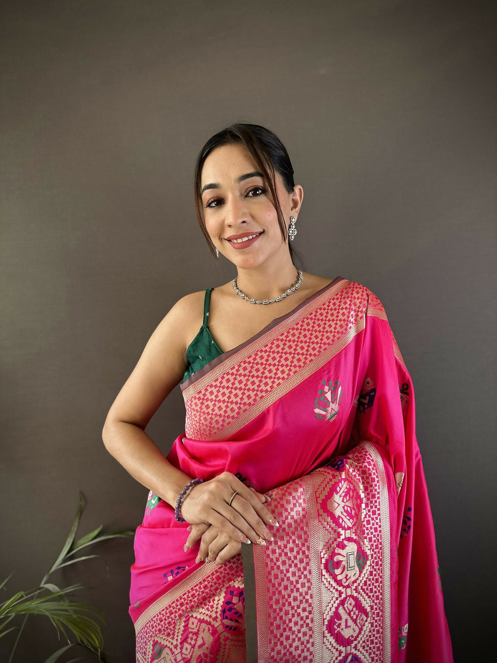 Joban Fashion Rani Pink Elephant & Floral Motifs Soft Lichi Silk Banarasi Saree | Grocsy
