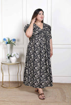 Miravan Women's Plus Size Pleated Puff Sleeve Floral Pure Cotton Black And White Butterfly Maxi Dress | Grocsy