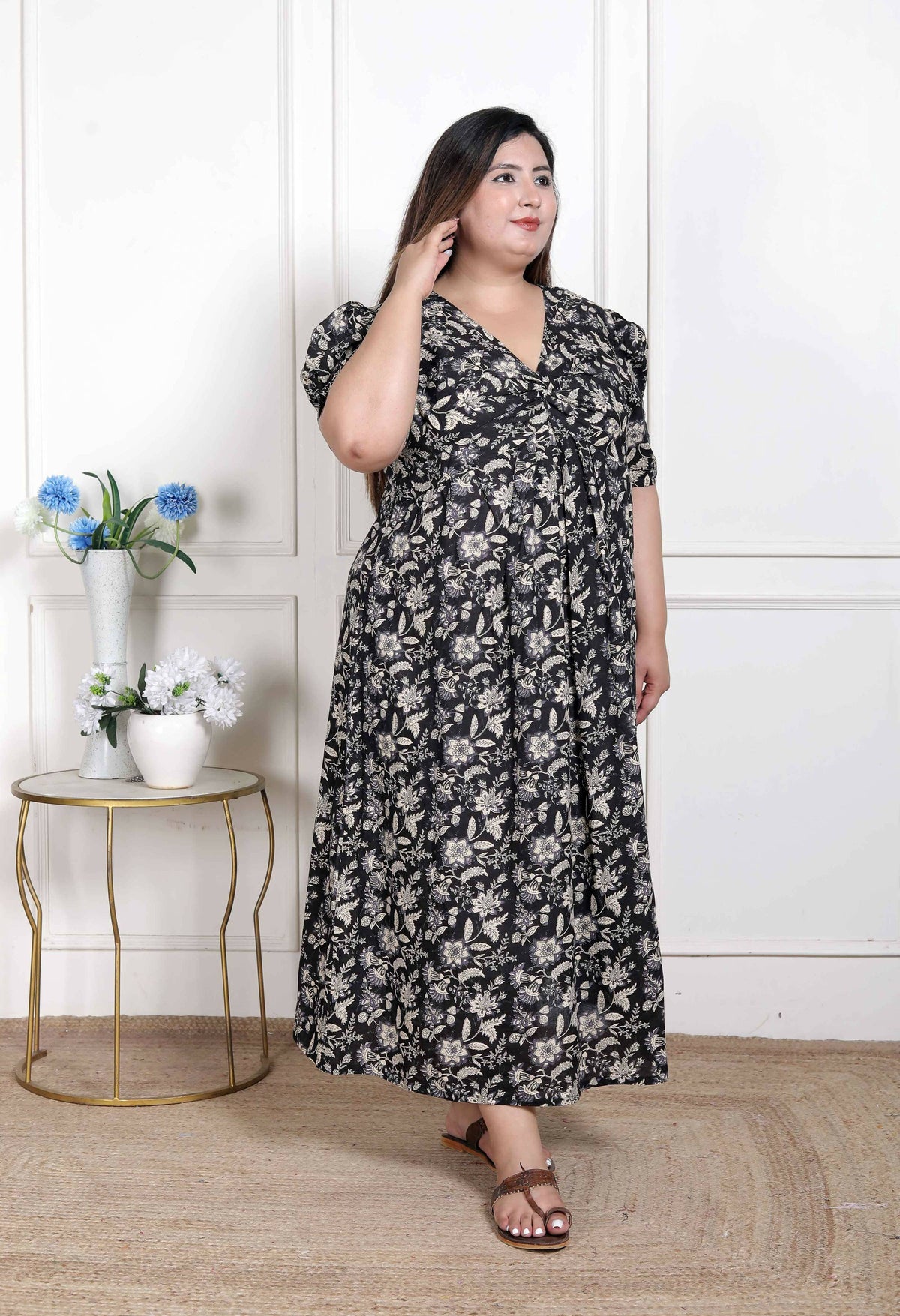 Miravan Women's Plus Size Pleated Puff Sleeve Floral Pure Cotton Black And White Butterfly Maxi Dress | Grocsy